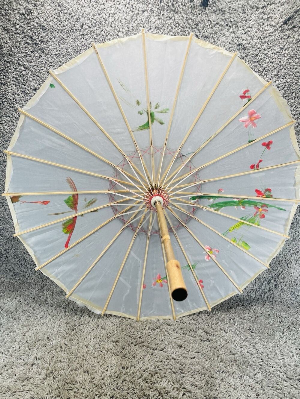 Vintage Hand Painted Paper Parasol Umbrella Asian Bamboo Wood Floral Decor 22 In